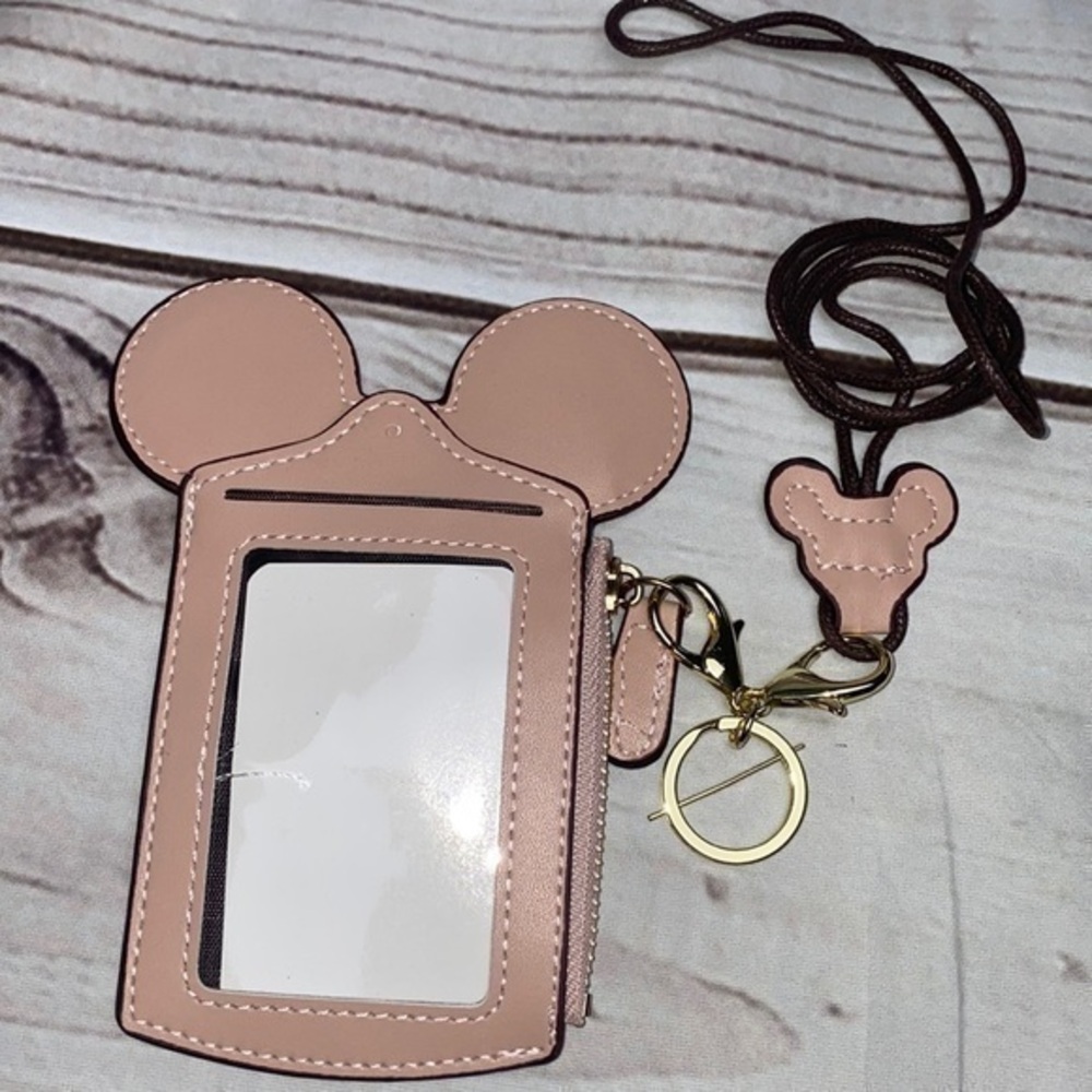 Mickey Mouse pink card ID wallet holder - neck lanyard - gold hardware
